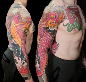 Arm Dragons Japanese Sleeve Tattoo