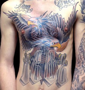 Chest Hawks/Eagles Lettering Neo-Traditional Tattoo