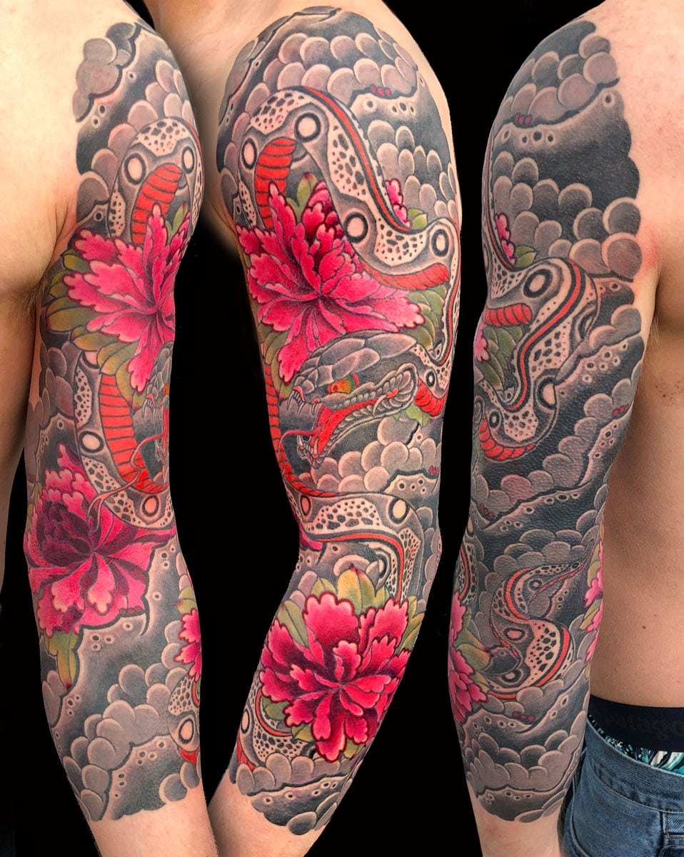 Flowers Japanese Sleeve snake Tattoo