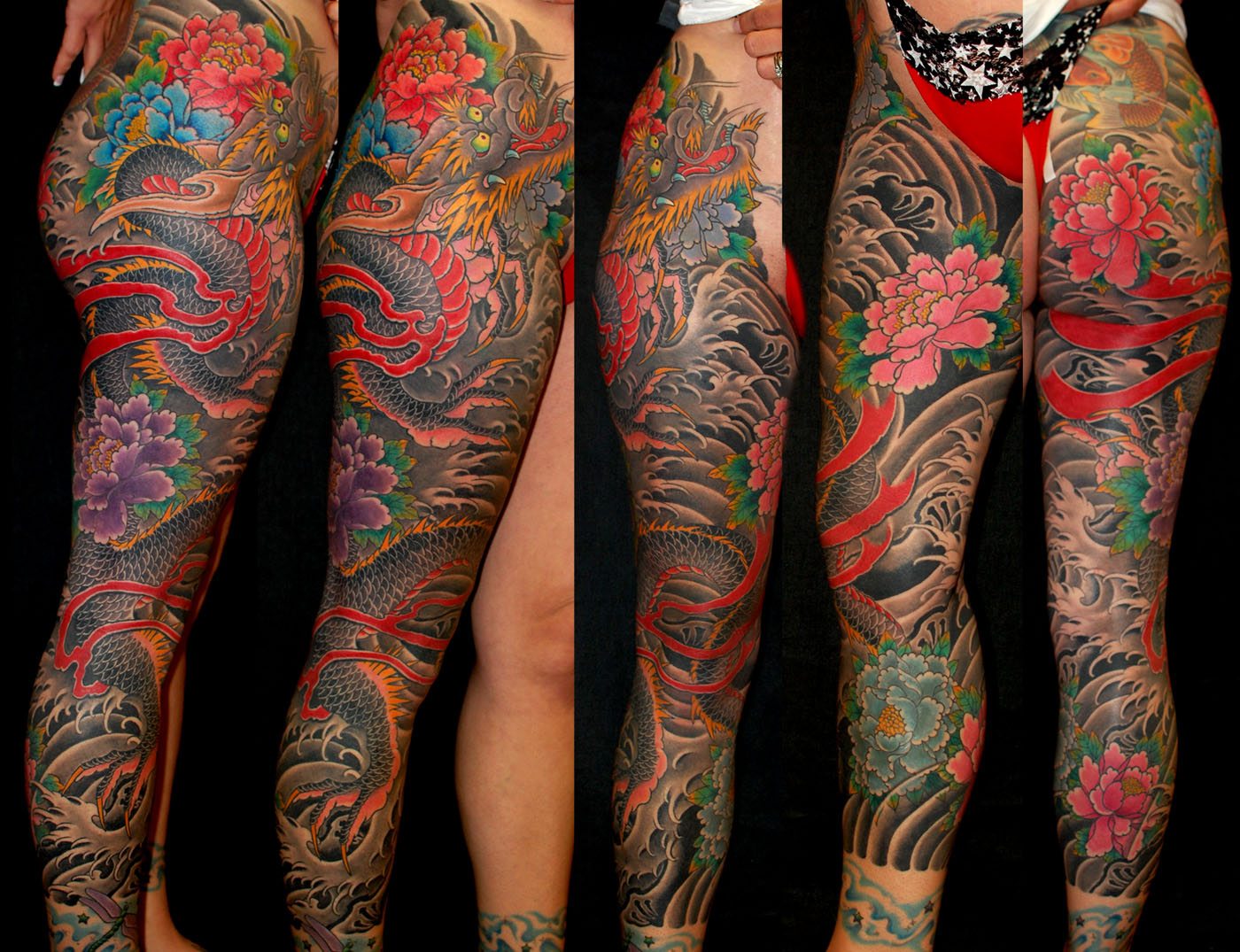 Dragons Flowers Japanese Leg Tattoo
