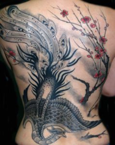 Backpiece Birds Black & Grey Japanese Mythology Tattoo