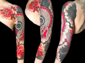 Animals Arm Flowers Japanese Sleeve snake Tattoo