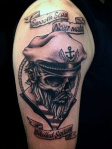 Black & Grey Lettering Skull Tattoo