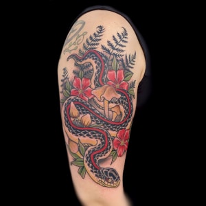Animals Arm Flowers Neo-Traditional snake Tattoo - Slave to the Needle