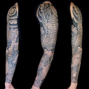 Animals Arm Black & Grey Dragons Japanese Sleeve Tiger Tattoo