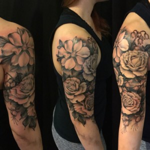 Arm Black & Grey Flowers Tattoo