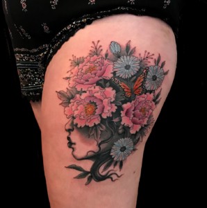 Flowers Girl Head Leg Tattoo