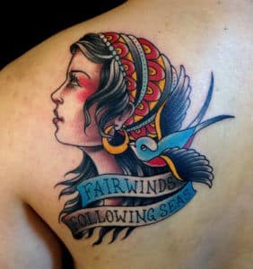 Birds Girl Head Lettering Shoulder Traditional/Americana Tattoo
