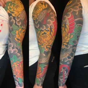 Arm Flowers Japanese Sleeve snake Tattoo