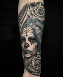 Arm Black & Grey Catrina/Day of the Dead Flowers Girl Head Realistic/Realism Woman Tattoo