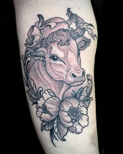 Animals Black & Grey Dotwork Flowers Tattoo