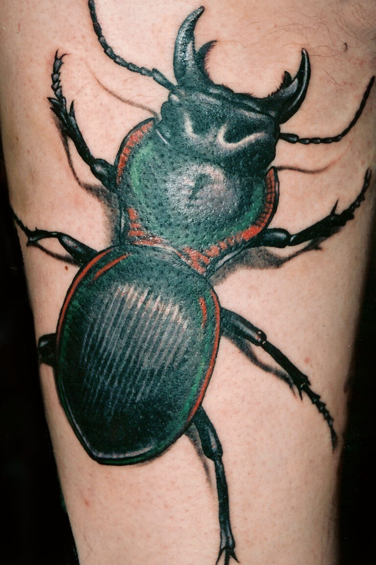 A realistic tattoo of a black beetle with green and red accents is inked on human skin.